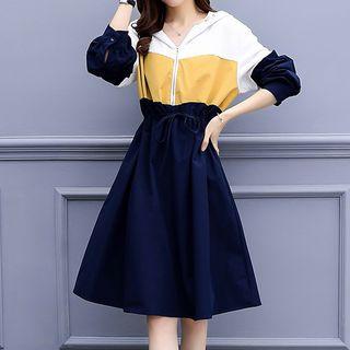 Color Block Hooded Long-sleeve A-line Dress