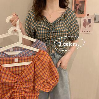 Short-sleeve Check Ruched-front Blouse
