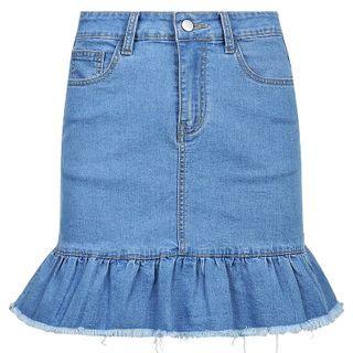 Ruffle Trim Mini A-line Denim Skirt