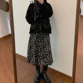 Buckled Jacket / Long-sleeve Floral Print Midi Dress