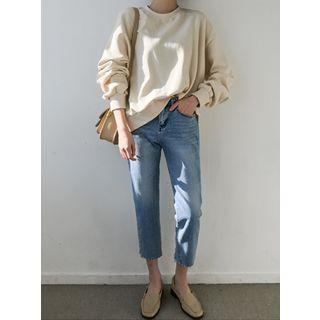 Distressed-hem Cropped Straight-cut Jeans