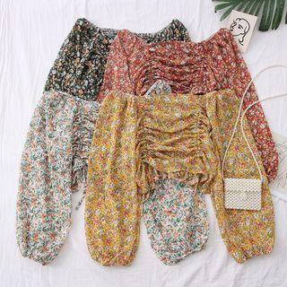 Boatneck Floral Drawstring Crop Blouse