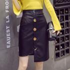 Faux Leather Asymmetric Hem Button Fitted Skirt