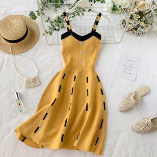 Wide Strap Patterned Midi A-line Knit Dress