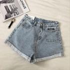 Lettering Embroidered High-waist Roll-up Denim Shorts