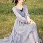 Set: Lace Trim Slipdress + Long-sleeve Midi A-line Dress