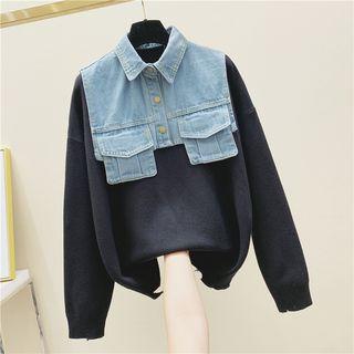 Set: Plain Sweater + Denim Shawl