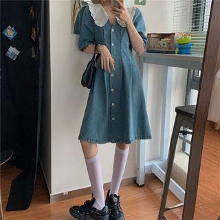 Collared Denim Short-sleeve A-line Dress