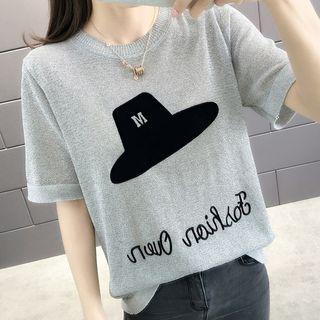 Elbow-sleeve Hat-print Knit Top
