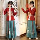 Set: Long-sleeve Floral Print Hanfu Top + Skirt