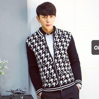 Houndstooth-panel Zip-up Knit Jacket