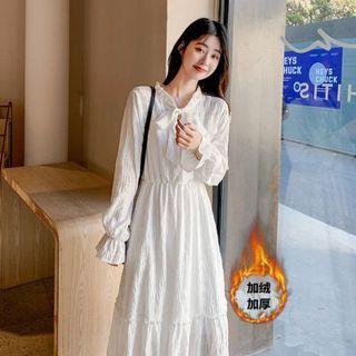 Long-sleeve Tie-neck Fleece-lined Midi A-line Dress