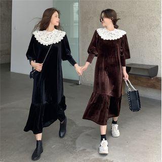 Lantern-sleeve Lace Collar Midi Shift Dress