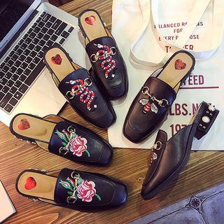Embroidered Chunky Heel Loafer Mules
