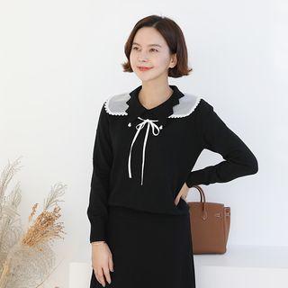 Set: Scallop-collar Textured Knit Top + Lace-trim Sheer Cape