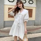 Balloon-sleeve Collared A-line Dress White - One Size