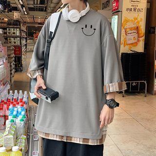 Mock Two-piece Short-sleeve Smiley Face Embroidered T-shirt