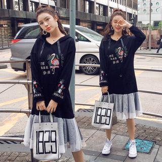 Embroidered Mesh Panel Midi Hoodie Dress