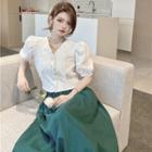 Cropped Lace Shirt / Elastic High-waist Midi Skirt