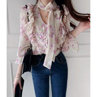 Scarf-neck Frilled-trim Floral Blouse