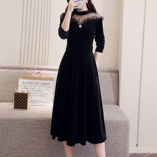 Sheer Panel Long-sleeve A-line Midi Dress