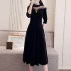 Sheer Panel Long-sleeve A-line Midi Dress