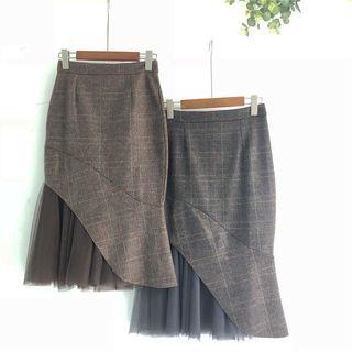 Mesh Panel Plaid Midi Mermaid Skirt