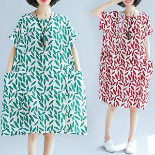 Leaf Print Short-sleeve Loose Fit Dress