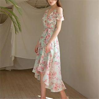 Off-shoulder Surplice-wrap Floral Dress