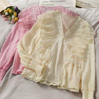 V-neck Plain Ruffle Pearl Blouse