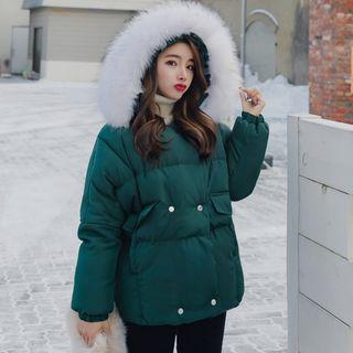 Furry-trim Hooded Double-breasted Padded Jacket