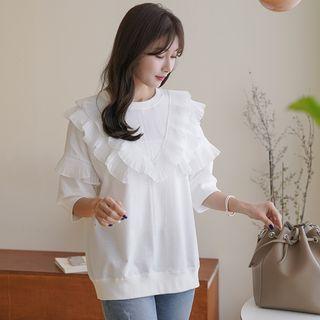 3/4-sleeve Frilled-trim Pullover