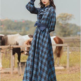 Long-sleeve Belted Ruffled Plaid Midi A-line Dress