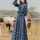 Long-sleeve Belted Ruffled Plaid Midi A-line Dress