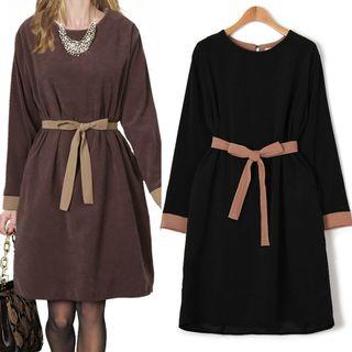 Contrast-trim A-line Dress With Sash
