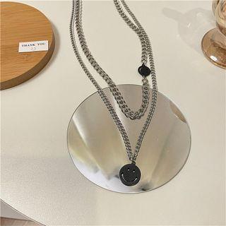 Smiley Pendant Layered Stainless Steel Necklace 1 Pc - Jml4371 - Silver & Black - One Size