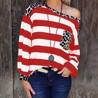 Leopard Print Panel Striped Sweatshirt