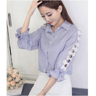 Bow Accent Cut Out Detail Striped 3/4 Sleeve Shirt