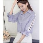 Bow Accent Cut Out Detail Striped 3/4 Sleeve Shirt