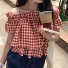 Off-shoulder Gingham Check Blouse Red - One Size