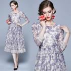 3/4-sleeve Floral Print Midi A-line Lace Dress