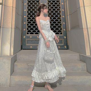 Spaghetti-strap Ruffled Trim Dress Dress - One Size