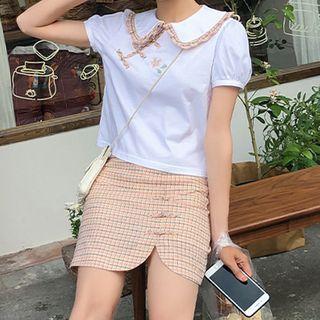 Collared Frog-button Embroidered Top / Gingham Mini Skirt