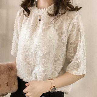 Short-sleeve Floral Fringed Chiffon Blouse