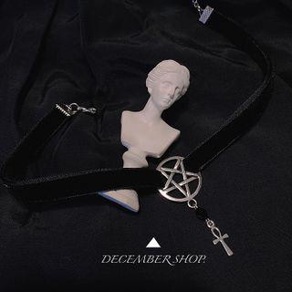 Gothic Pentagram Choker Silver Pentagram - Black - One Size