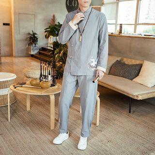 Set: Chinese Style Long-sleeve Frog Buttoned Top + Pants