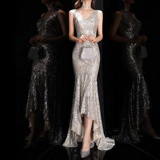 Sleeveless Glitter Ruffle Hem Sheath Evening Gown