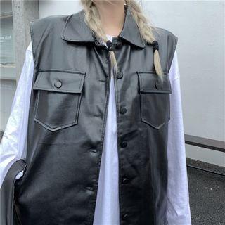 Sleeveless Plain Cargo Faux Leather Vest