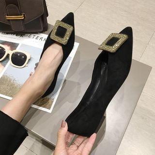 Rhinestone Buckle Faux Suede Pointed Flats