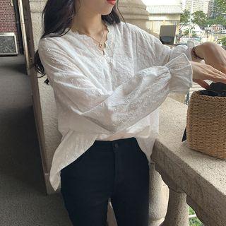 Eyelet Lace Lantern-sleeve Blouse White - One Size